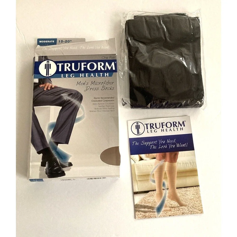 New Truform Mens Knee High Compression Socks Large Moderate Black 15-20 Open Box